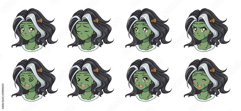 Halloween kawaii zombie girl with eight different face expression ...