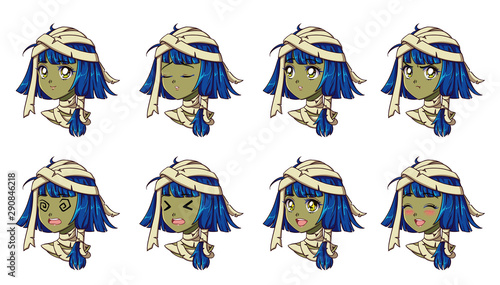 Halloween kawaii mummy girl with eight different face expression.