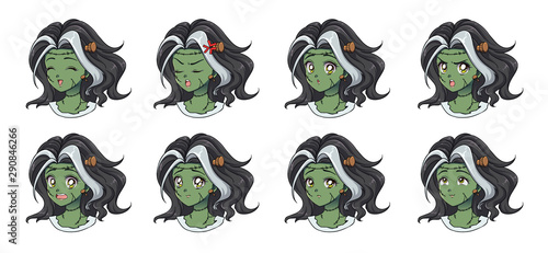 Halloween kawaii  zombie girl with eight different face expression. Retro 90s anime style hand draw vector illustration. Isolated on white background.