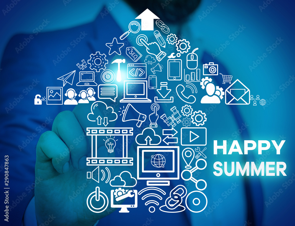 Word writing text Happy Summer. Business photo showcasing Beaches Sunshine Relaxation Warm Sunny Season Solstice Male human wear formal work suit presenting presentation using smart device Word writing text Happy Summer. Business photo showcasing Beaches Sunshine Relaxation Warm Sunny Season Solstice Male human wear formal work suit presenting presentation using smart device