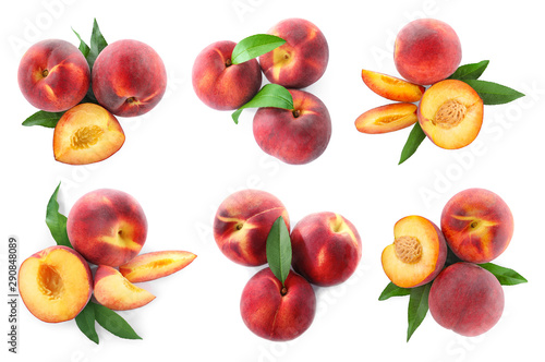 Set of fresh delicious juicy peaches on white background, top view