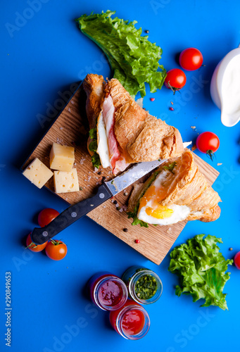 Fresh Croissant Sandwich with Ham, Cheese, Thyme and figs Breakfast Delicious Baking Refreshment