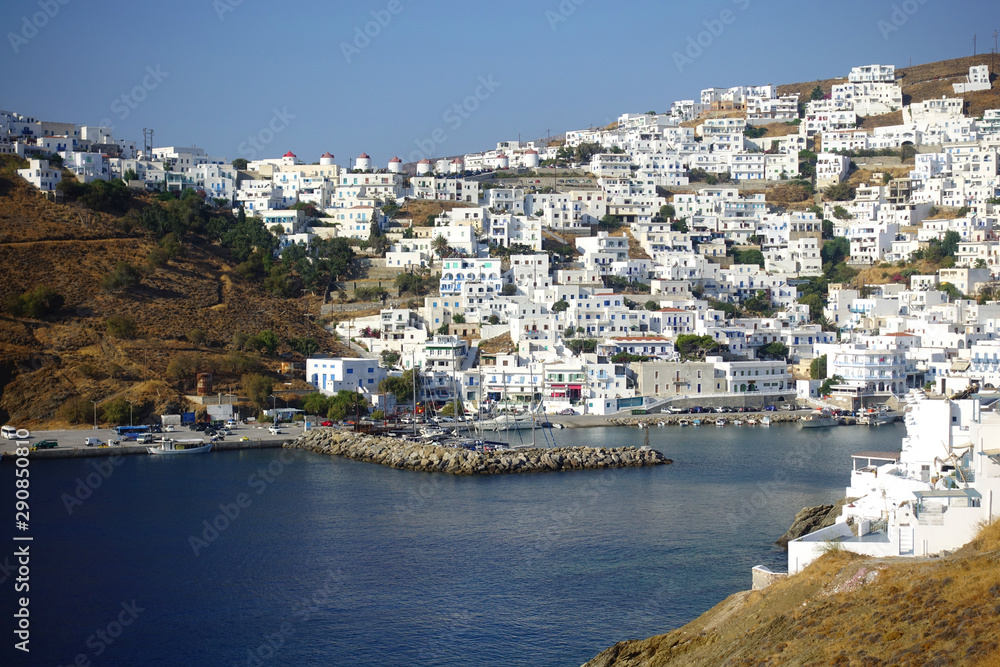 Iconic castle of Astypalaia island and picturesque village as seen from old port of Yalos, Dodecanese, Greece