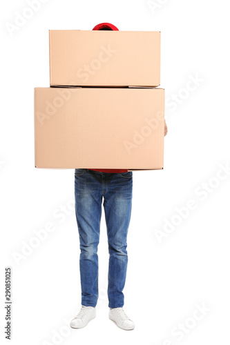 Courier with cardboard boxes on white background © New Africa