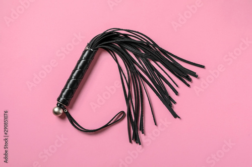Black whip on pink background, top view. Sexual role play accessory