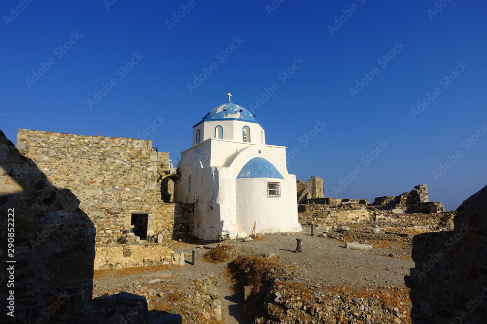 Picturesque church of Agios Georgios inside iconic castle of Astypalaia, Dodecanese, Greece