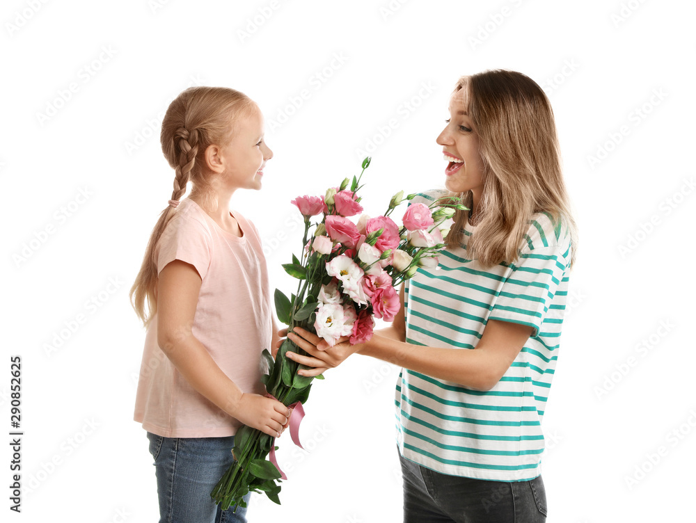 Little daughter congratulating her mom on white background. Happy Mother's Day Little daughter congratulating her mom on white background. Happy Mother's Day