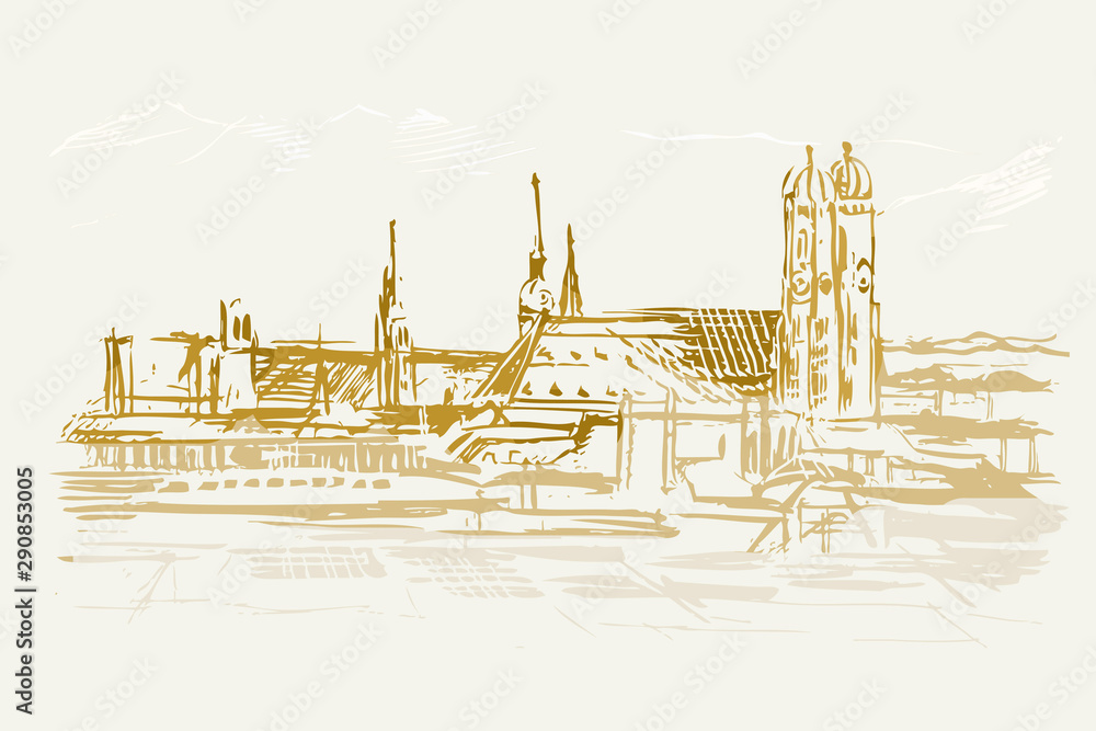 Ilustracja ręcznie wykonana. Przedstawia panoramę Monachium W Niemczech