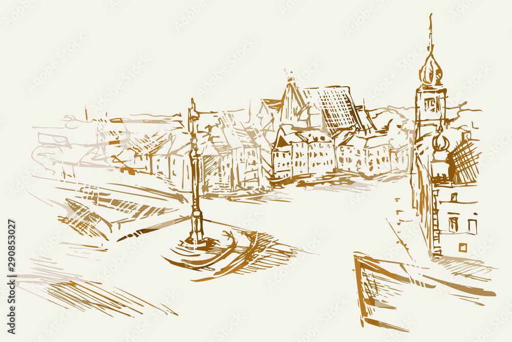 Ilustracja ręcznie wykonana. Przedstawia Plac Zamkowy w Warszawie