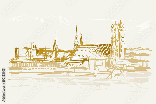 Ilustracja ręcznie wykonana. Przedstawia panoramę Monachium W Niemczech