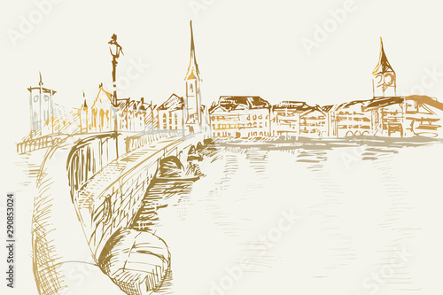 Ilustracja ręcznie wykonana. Przedstawia zabytkową dzielnicę Zurichu #290853024