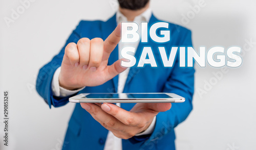 Word writing text Big Savings. Business photo showcasing income not spent or deferred consumption putting money aside Businessman with pointing finger in front of him