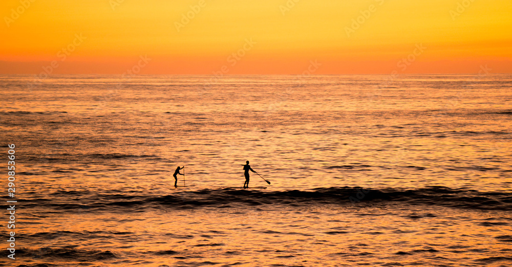 silhouettes of a couple paddling during sunset