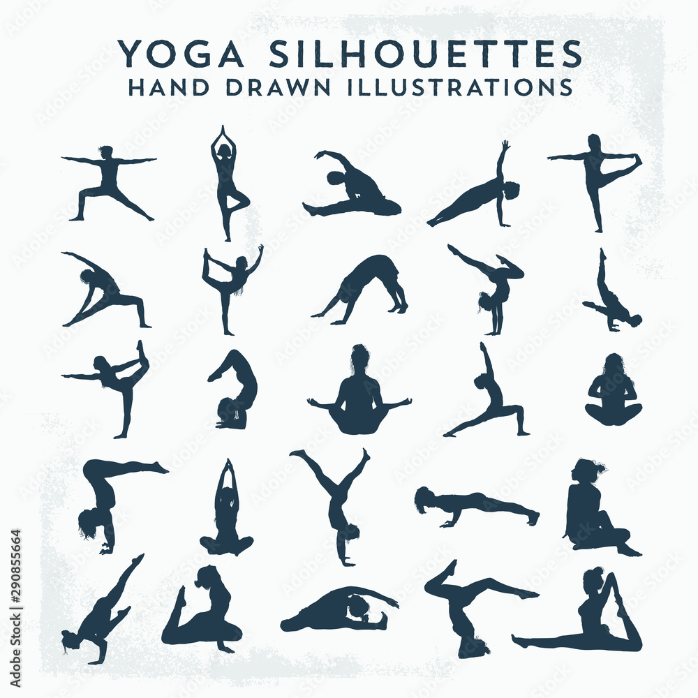 Silhouettes yoga practicing stretching exercises. Shapes of people doing yoga fitness workout. Set of yoga positions. - Vector