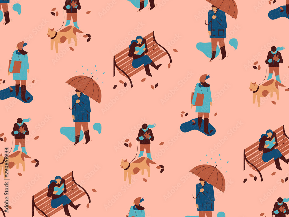 People enjoying the autumnal season activities, such as walking her dog, read a book or walk under the rain People enjoying the autumnal season activities, such as walking her dog, read a book or walk under the rain