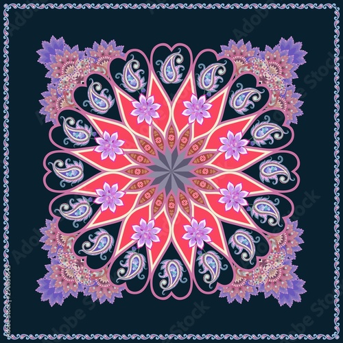 Mandala, pink flowers and paisley ornament on dark background. Tablecloth, cushion, carpet, shawl in ethnic style.