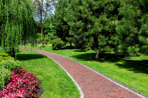 Fototapeta Naklejka Na Ścianę i Meble -  empty red tile footpath in well maintained park with a green spaces with a drainage system with a grill along the path on a sunny summer day, nobody.