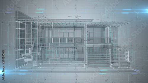3D engineering design of house Architecture blueprint - illustration rendering