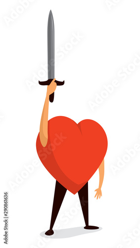 Red heart conquering love rising a sword