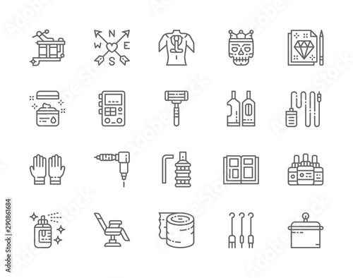 Set of Tattoo Studio Line Icons. Rubber Gloves, Vaseline, Ink Bottles and more.