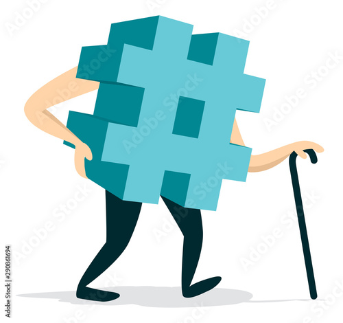 Old hashtag slowly walking with cane