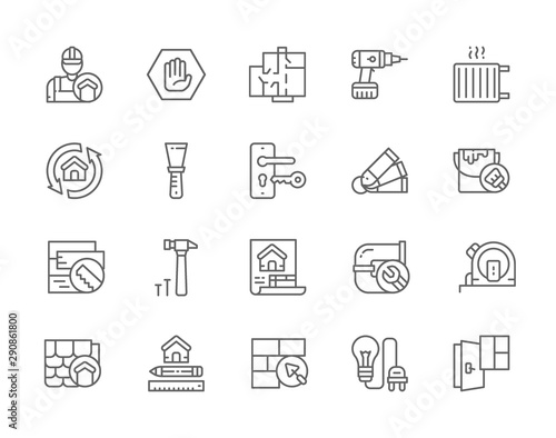 Set of Home Renovation Line Icons. Repairman, Putty Knife, House Plan and more.