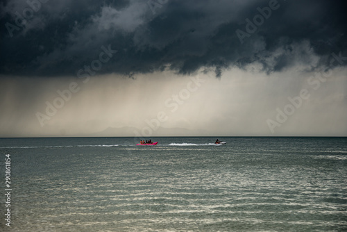 Thunderstorm with shelf cloud moving over the sea