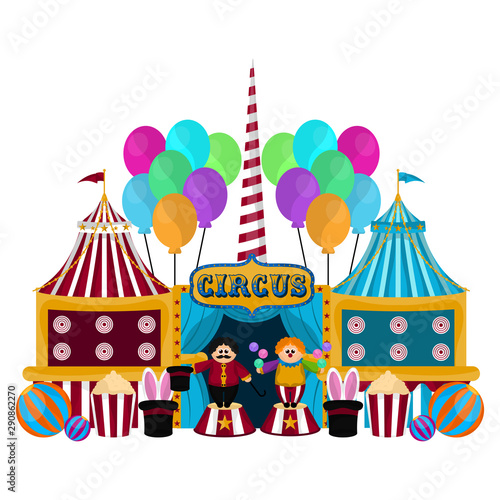 Group of circus tents with animal tamers and balloons - Vector illustration