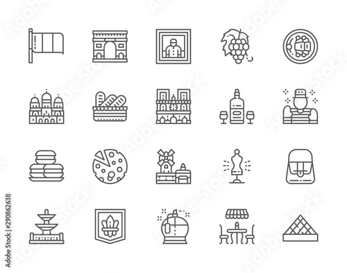 Set of French Culture Line Icons. Perfumery, Street Cafe, Alcohol, Mime and more