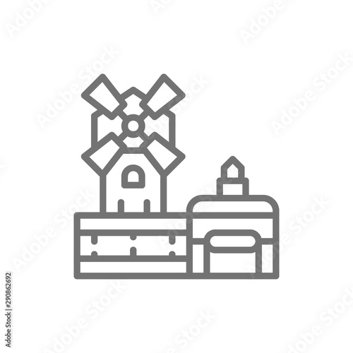 Quadro su tela Moulin Rouge cabaret, landmark of Paris, France line icon.