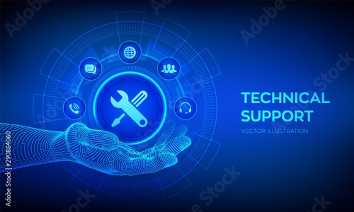 Technical support in robotic hand. Customer help. Tech support. Customer service, Business and technology concept. Vector illustration.