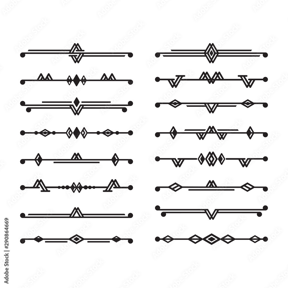 Abstract black art deco stylized and isolated dividers icons set design elements on white background