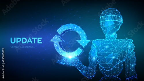 Update or Synchronization icon. Abstract 3d low polygonal robot holding update or sync sign. Processing concept. Can be used for topics like refresh, recycling, reload. 3D vector illustration.