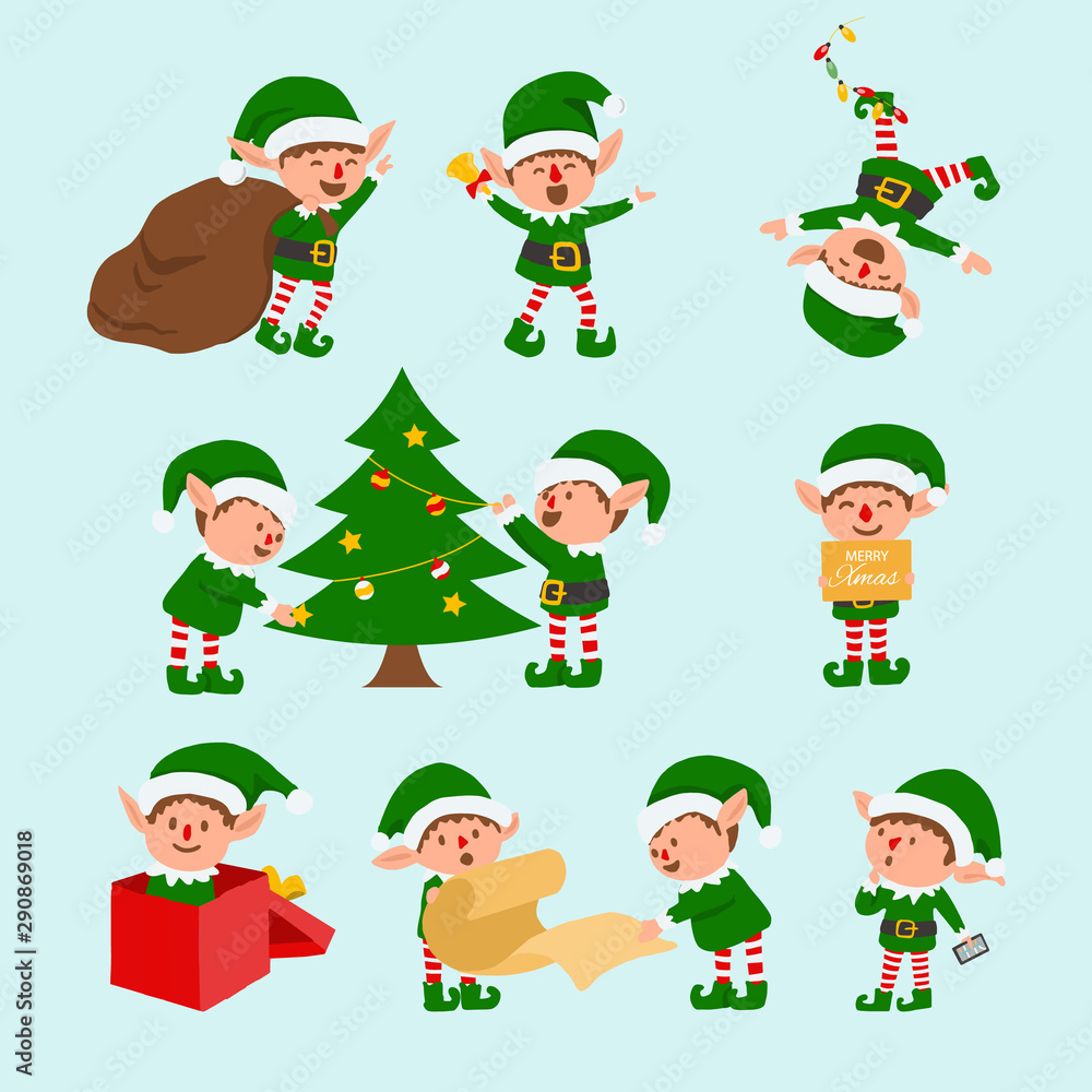 Collection of Christmas elves isolated on white background. funny and joyful santa helper sending holiday gift and decoration christmas tree .vector illustration. Collection of Christmas elves isolated on white background. funny and joyful santa helper sending holiday gift and decoration christmas tree .vector illustration.
