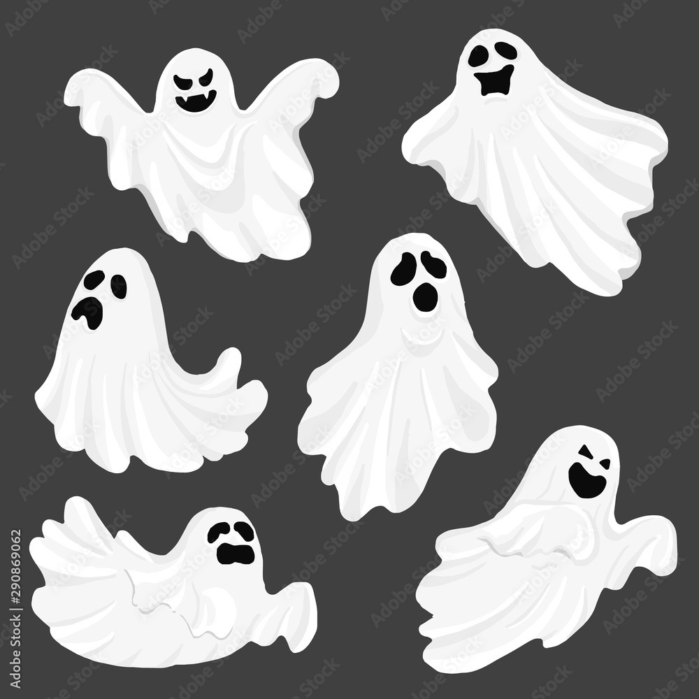 Whisper Ghost cartoon isolated on dark background. character Costume evil or Character creepy funny cute. Party celebrate Halloween night holiday. Set Vector Illustration. Whisper Ghost cartoon isolated on dark background. character Costume evil or Character creepy funny cute. Party celebrate Halloween night holiday. Set Vector Illustration.