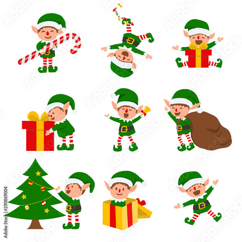 Collection of Christmas elves isolated on white background. funny and joyful santa helper sending holiday gift and decoration christmas tree .vector illustration. photo