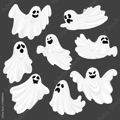 Whisper Ghost cartoon isolated on dark background. character Costume evil or Character creepy funny cute. Party celebrate Halloween night holiday. Set Vector Illustration.