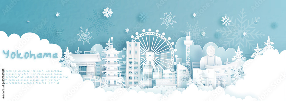 Panorama postcard and travel poster of world famous landmarks of Yokohama, Japan in winter season with falling snow in paper cut style vector illustration