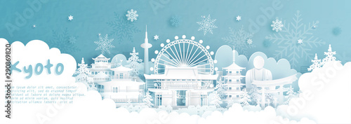 Panorama postcard and travel poster of world famous landmarks of Kyoto, Japan in winter season with falling snow in paper cut style vector illustration
