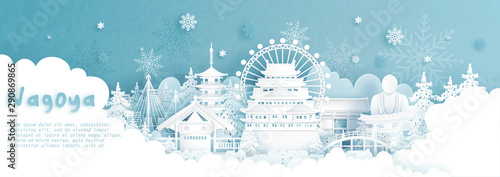 Panorama postcard and travel poster of world famous landmarks of Nagoya, Japan in winter season with falling snow in paper cut style vector illustration