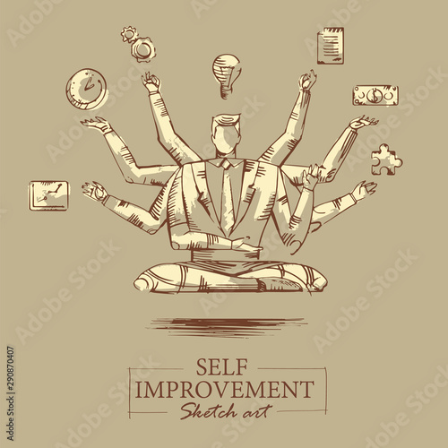 Brown toned modern stylised sketch of Businessman with multitasking skills. Man in suit with many arms working on different tasks at the same time. Time management and self-improvement.