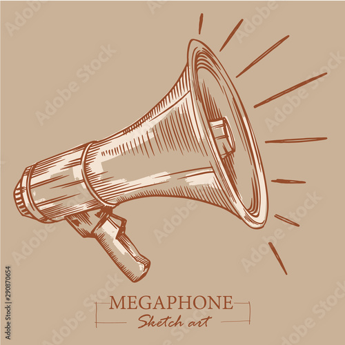 Brown toned modern stylized sketch of megaphone. Loudspeaker for announcements, bullhorn sketch news or public attention.