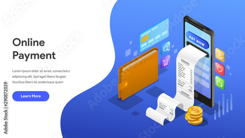 Landing page template of Online Payment  with Mobile Phone Isometric Illustration Concept. Modern design concept of web page design for website and mobile website.Vector illustration EPS 10