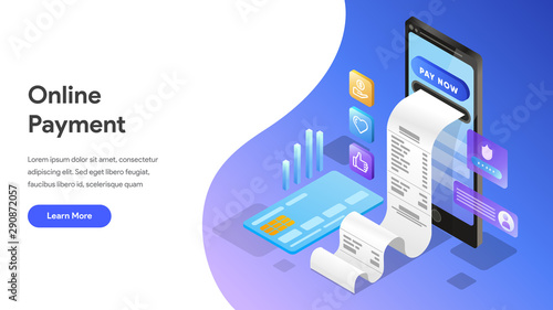 Landing page template of Online Payment  with Mobile Phone Isometric Illustration Concept. Modern design concept of web page design for website and mobile website.Vector illustration EPS 10