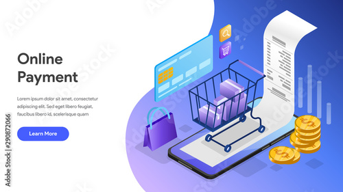 Landing page template of Online Payment  with Mobile Phone Isometric Illustration Concept. Modern design concept of web page design for website and mobile website.Vector illustration EPS 10