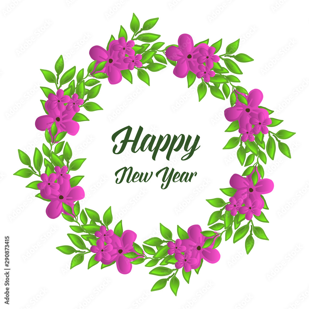 Text design of happy new year, with cute purple flower frame. Vector