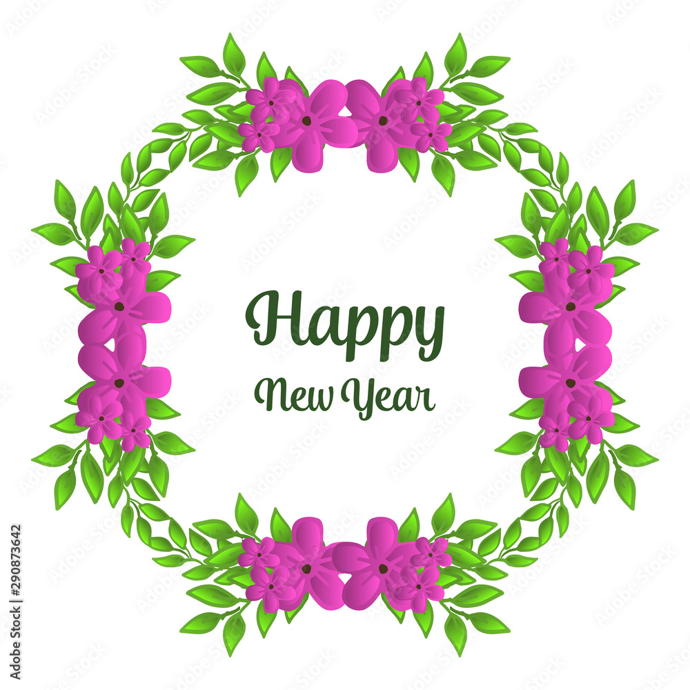 Text design of happy new year, with cute purple flower frame. Vector