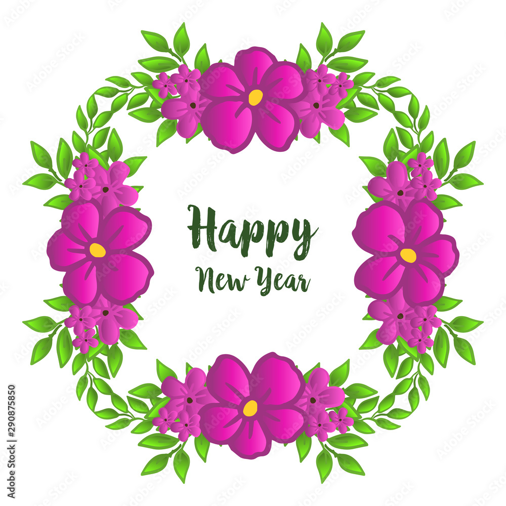 Design invitation card happy new year, with cute purple flower frame. Vector