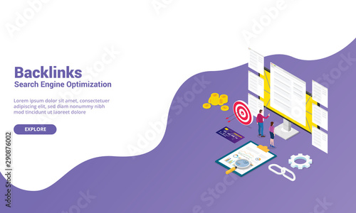 backlinks seo search engine optimization concept for website with modern isometric style for website template or landing homepage - vector