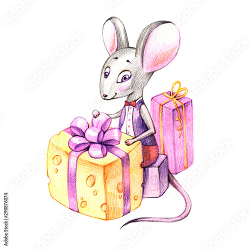 Christmas mouse with gifts. New Year, postman, symbol of the year, 2020, postcard. © Natali_Mias